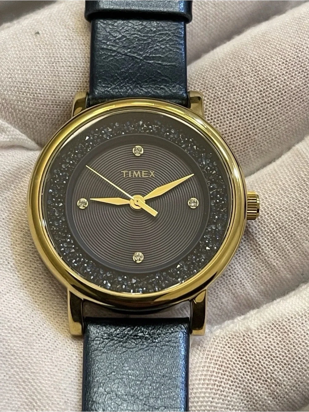 Timex Ladies Quartz Watch Gold Tone Blue Radiant Crystal Accent Dial TW2R93100
